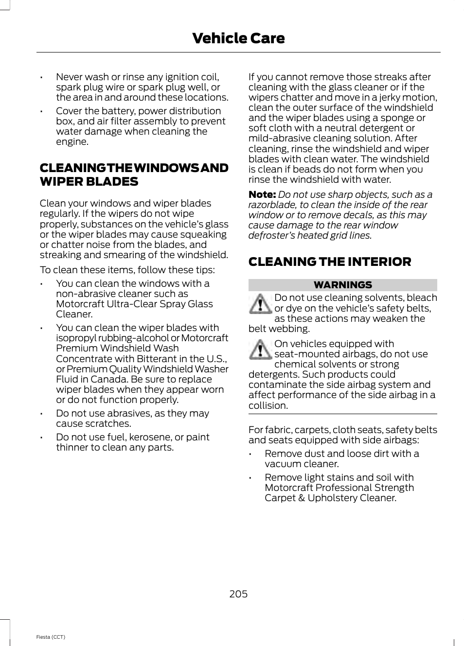 Cleaning the windows and wiper blades, Cleaning the interior, Cleaning the windows and wiper | Blades, Vehicle care | FORD 2014 Fiesta v.1 User Manual | Page 208 / 396