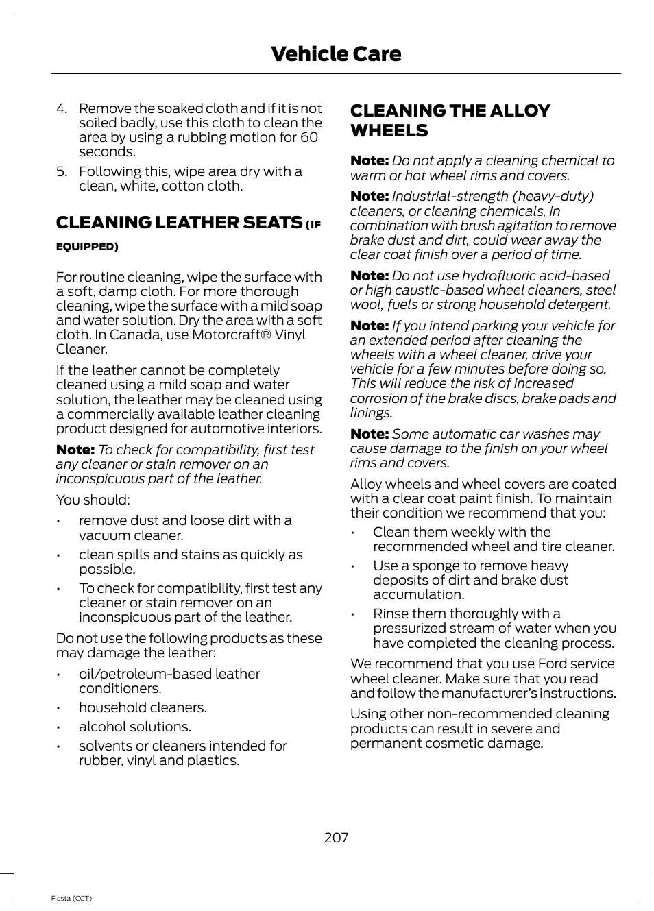 Cleaning leather seats, Cleaning the alloy wheels, Cleaning leather seats cleaning the alloy wheels | Vehicle care | FORD 2014 Fiesta v.1 User Manual | Page 210 / 396