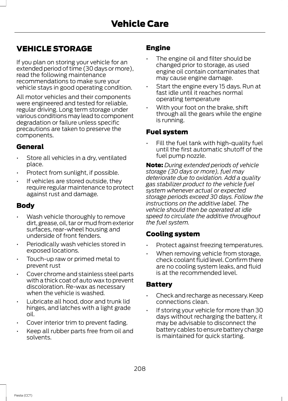 Vehicle storage, Vehicle care | FORD 2014 Fiesta v.1 User Manual | Page 211 / 396