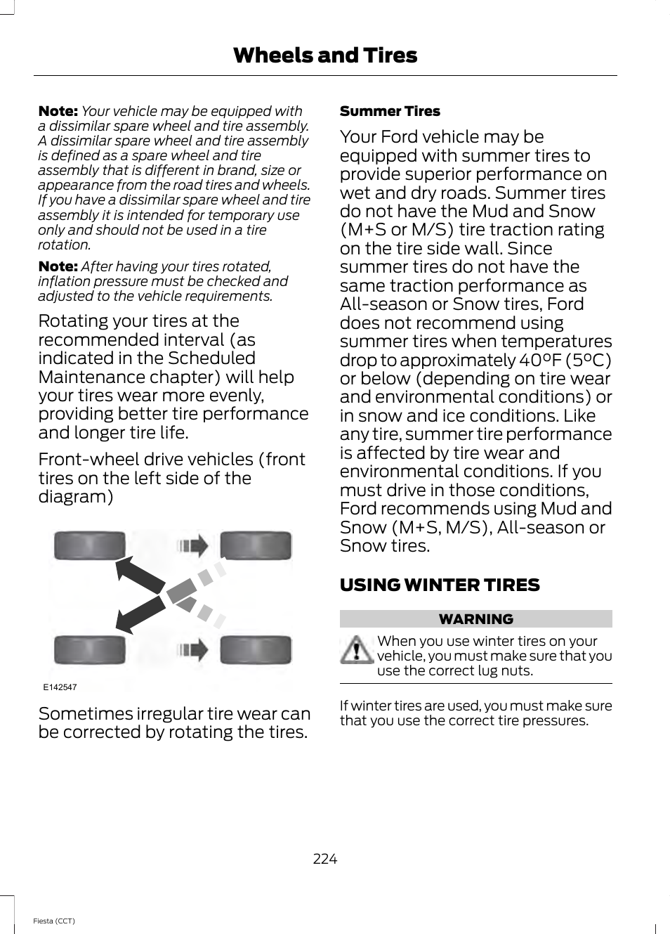 Using winter tires, Wheels and tires | FORD 2014 Fiesta v.1 User Manual | Page 227 / 396