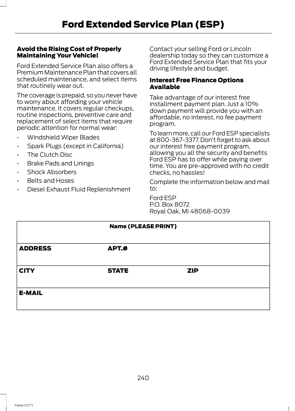 Ford extended service plan (esp) | FORD 2014 Fiesta v.1 User Manual | Page 243 / 396