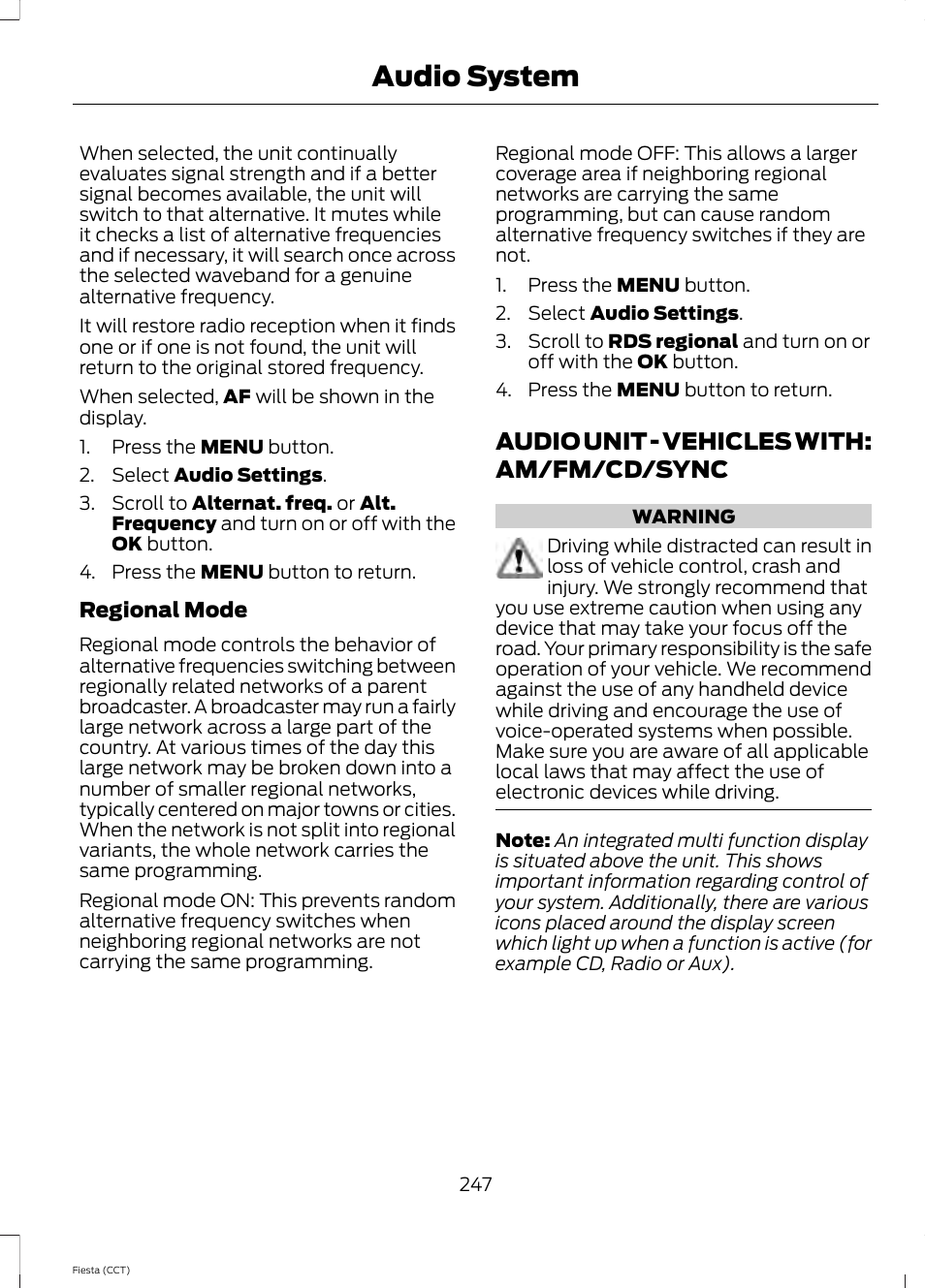 Audio unit, Audio unit - vehicles with, Am/fm/cd/sync | Audio system, Audio unit - vehicles with: am/fm/cd/sync | FORD 2014 Fiesta v.1 User Manual | Page 250 / 396