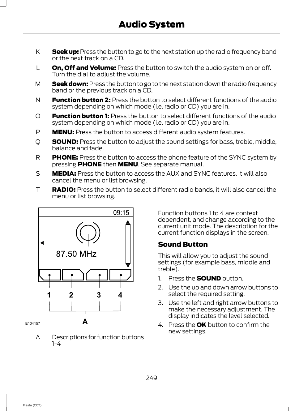 Audio system, A1 2 3 4 | FORD 2014 Fiesta v.1 User Manual | Page 252 / 396