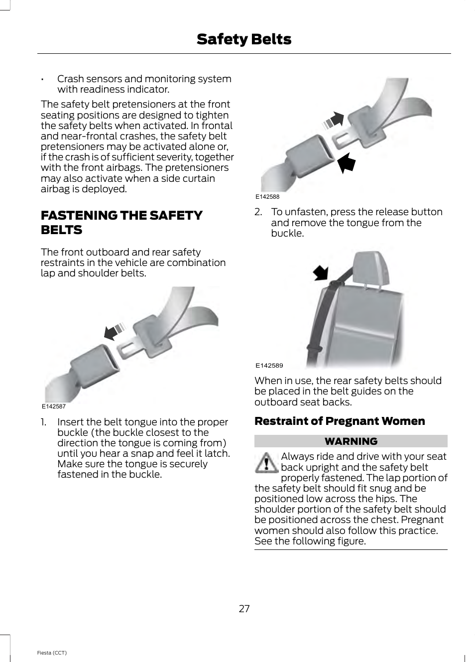 Fastening the safety belts, Safety belts | FORD 2014 Fiesta v.1 User Manual | Page 30 / 396