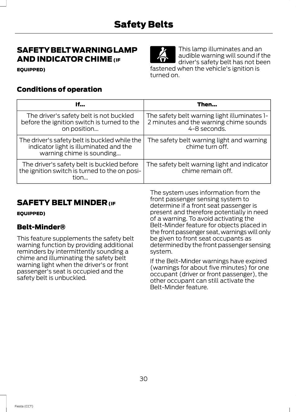 Safety belt warning lamp and indicator chime, Safety belt minder, Safety belt warning lamp and indicator | Chime, Safety belts | FORD 2014 Fiesta v.1 User Manual | Page 33 / 396