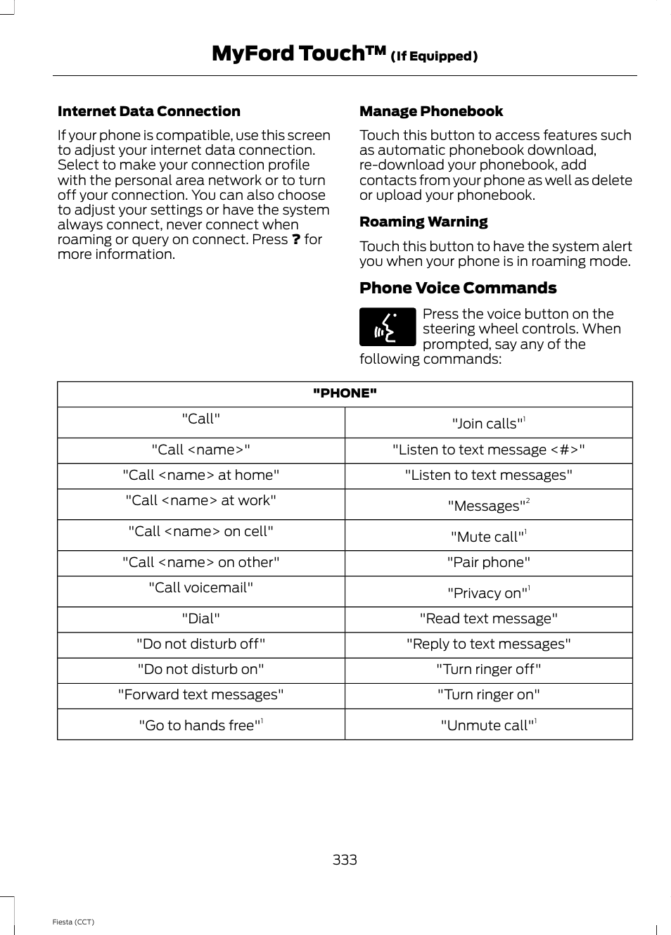 Myford touch, Phone voice commands | FORD 2014 Fiesta v.1 User Manual | Page 336 / 396