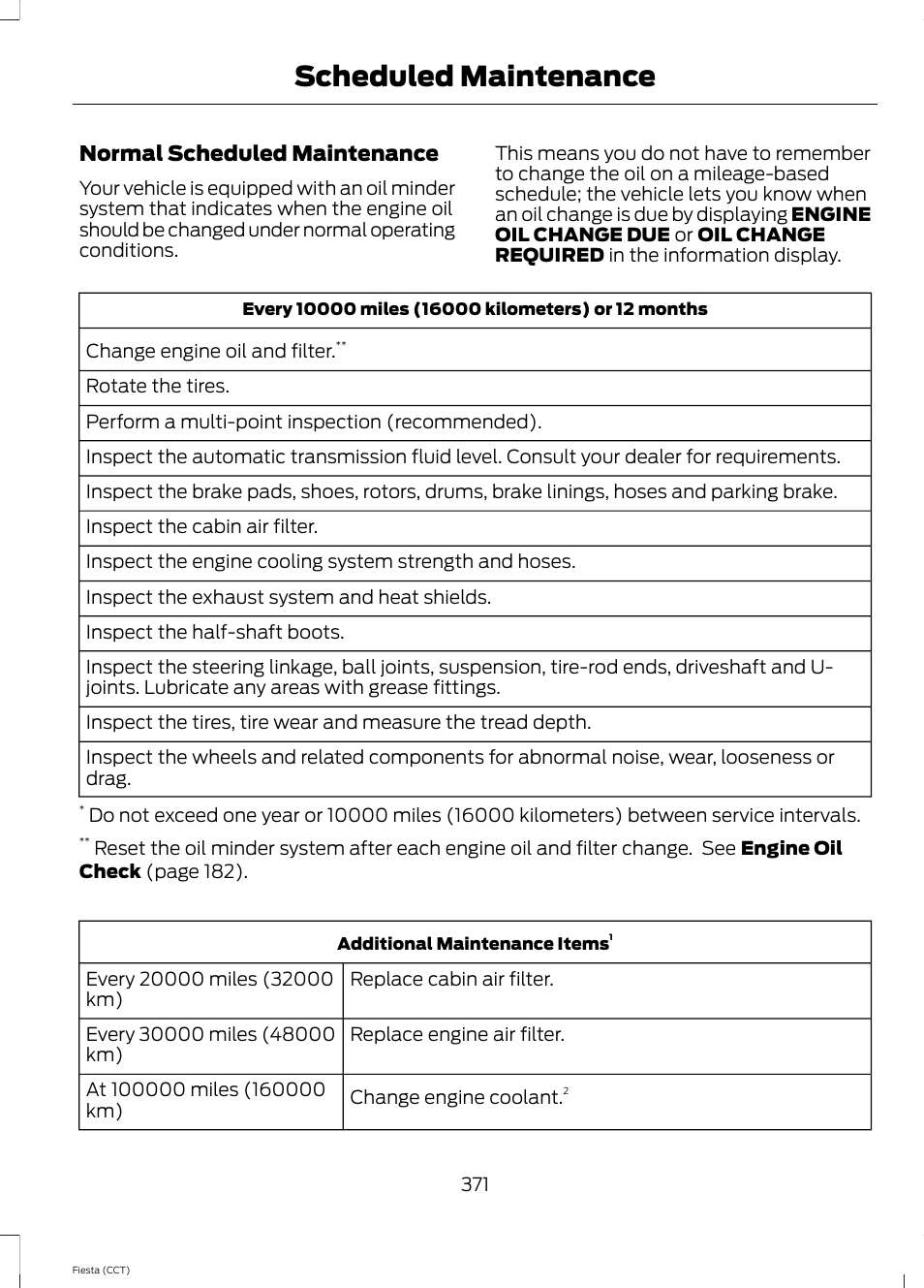 Scheduled maintenance, Normal scheduled maintenance | FORD 2014 Fiesta v.1 User Manual | Page 374 / 396