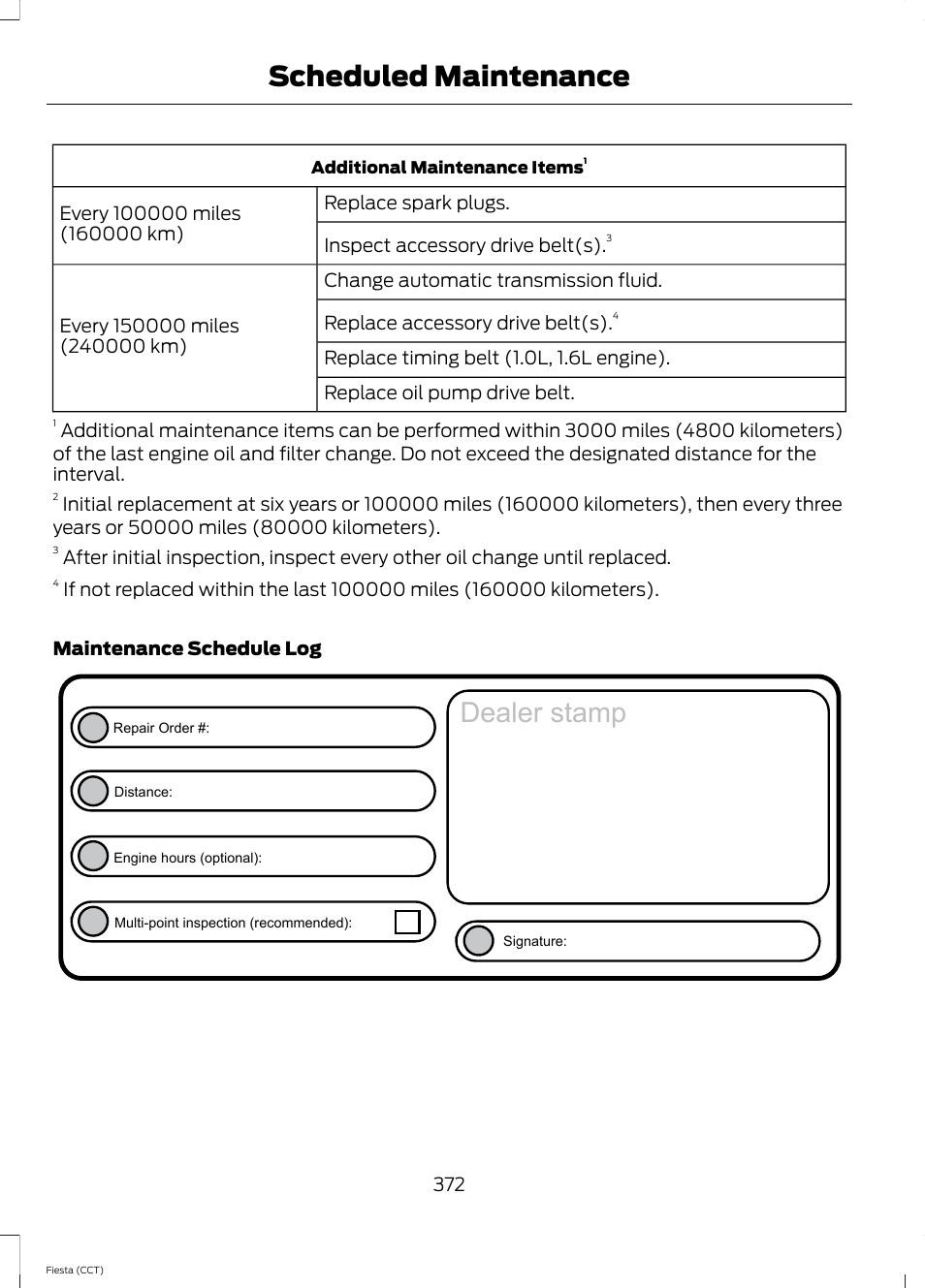 Dealer stamp, Scheduled maintenance | FORD 2014 Fiesta v.1 User Manual | Page 375 / 396