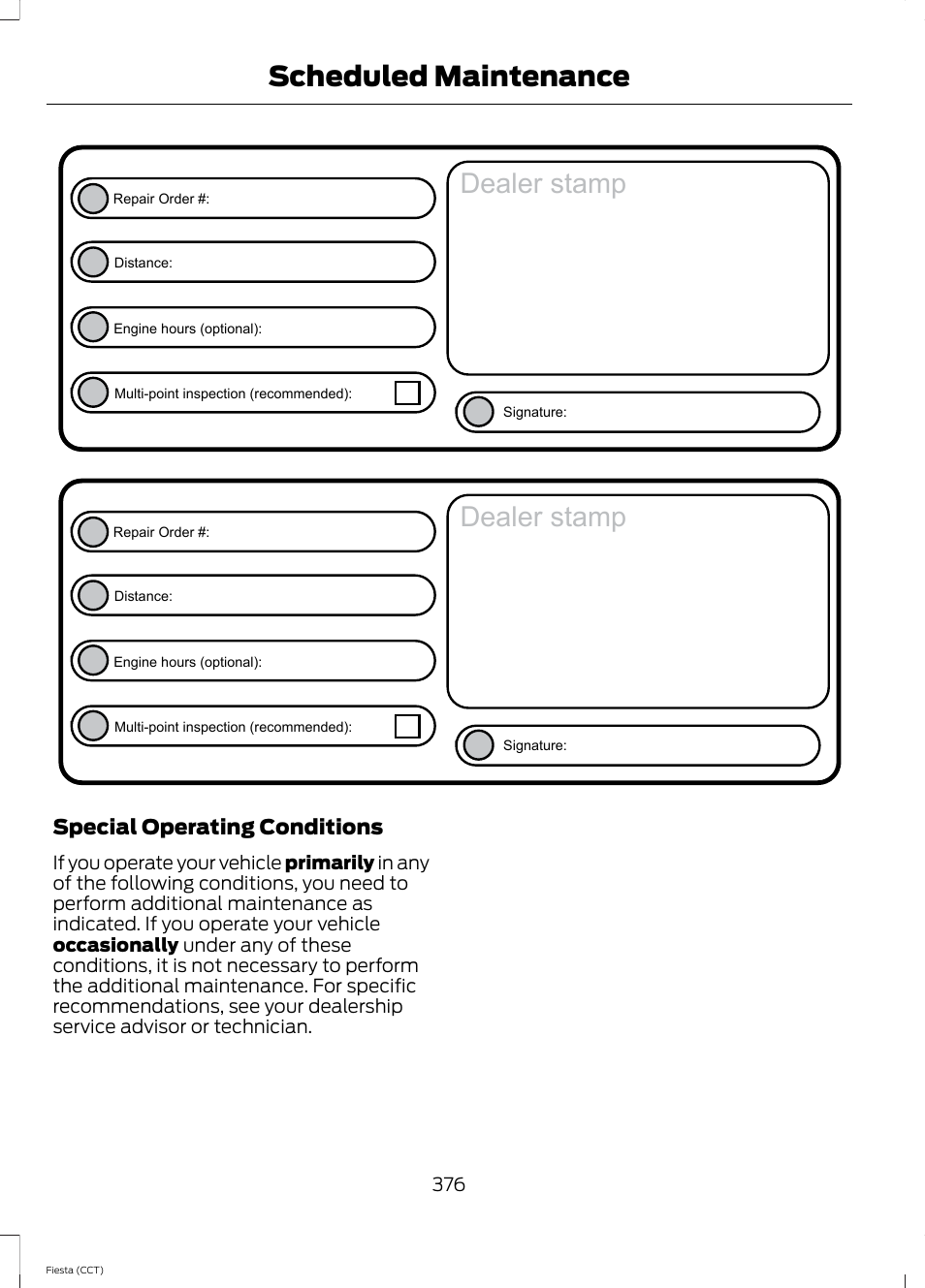 Dealer stamp, Scheduled maintenance, Special operating conditions | FORD 2014 Fiesta v.1 User Manual | Page 379 / 396