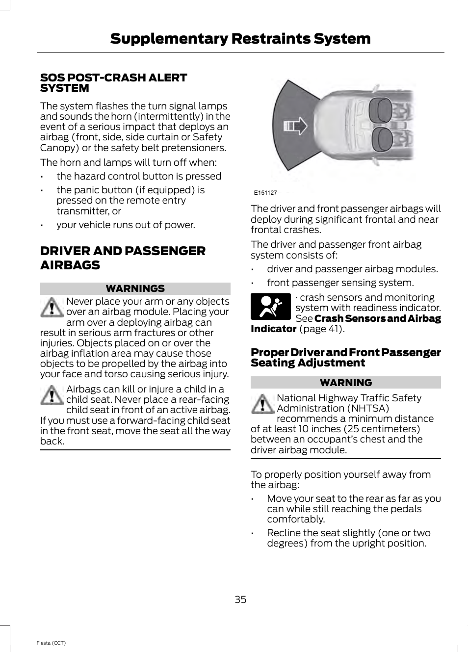 Driver and passenger airbags, Supplementary restraints system | FORD 2014 Fiesta v.1 User Manual | Page 38 / 396