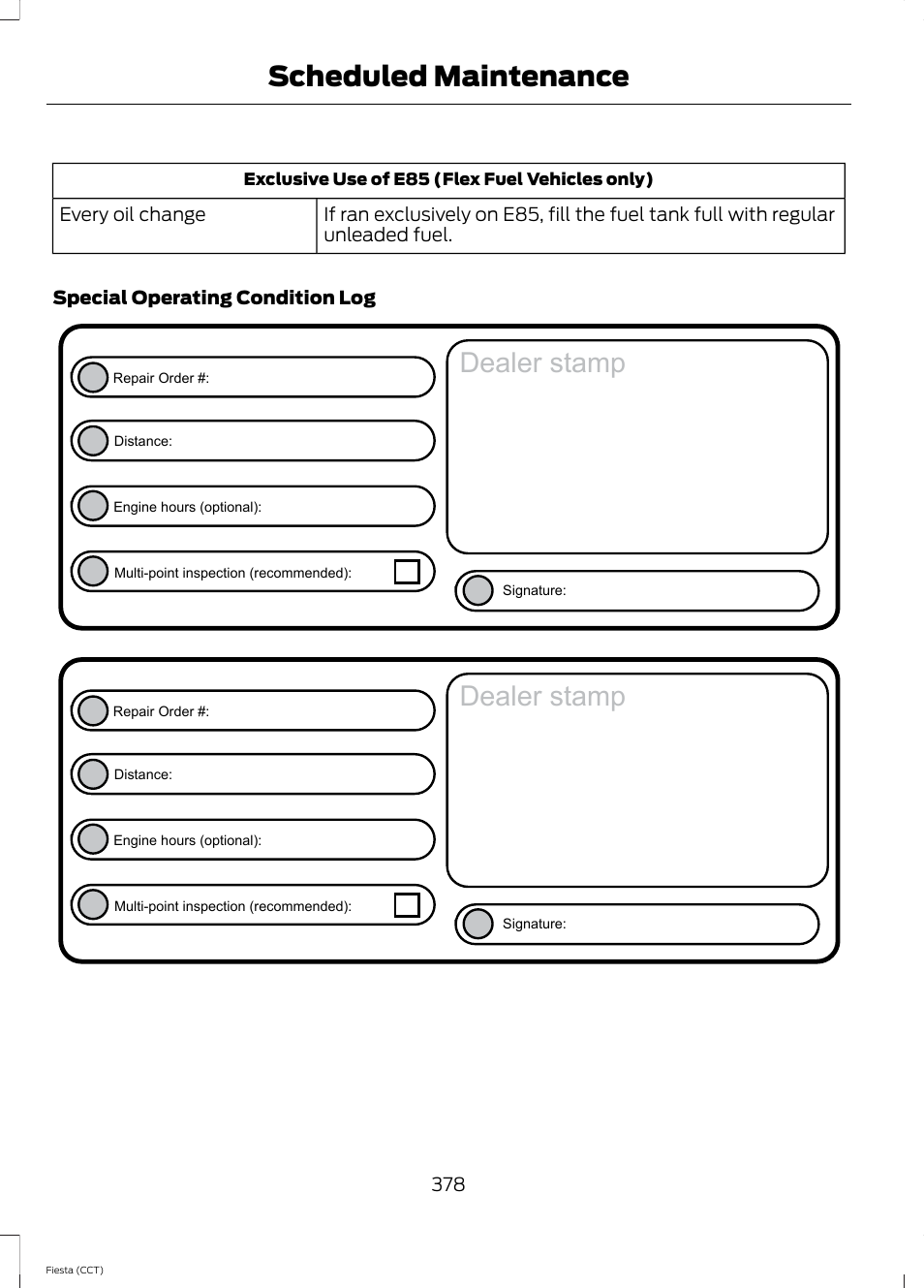 Dealer stamp, Scheduled maintenance | FORD 2014 Fiesta v.1 User Manual | Page 381 / 396