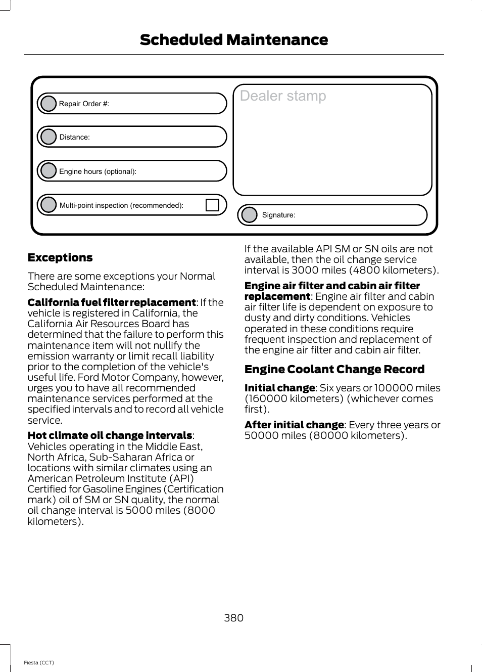 Dealer stamp, Scheduled maintenance | FORD 2014 Fiesta v.1 User Manual | Page 383 / 396