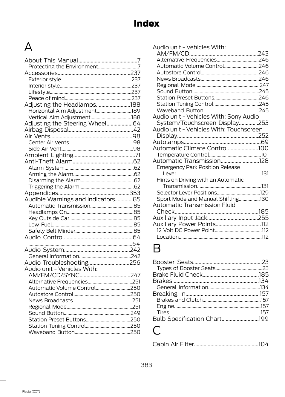 Index | FORD 2014 Fiesta v.1 User Manual | Page 386 / 396