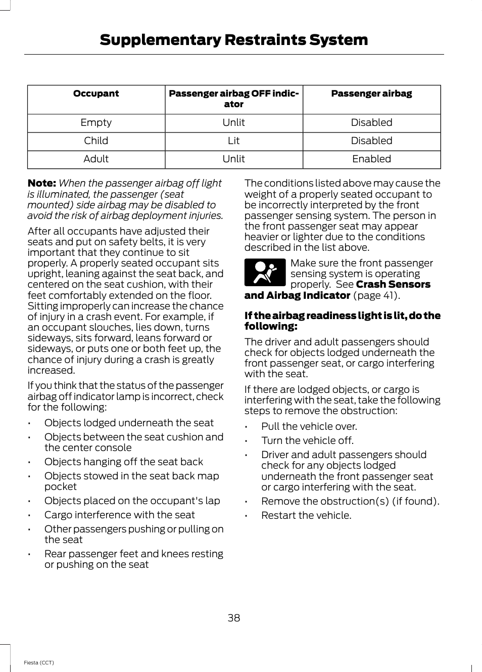 Supplementary restraints system | FORD 2014 Fiesta v.1 User Manual | Page 41 / 396