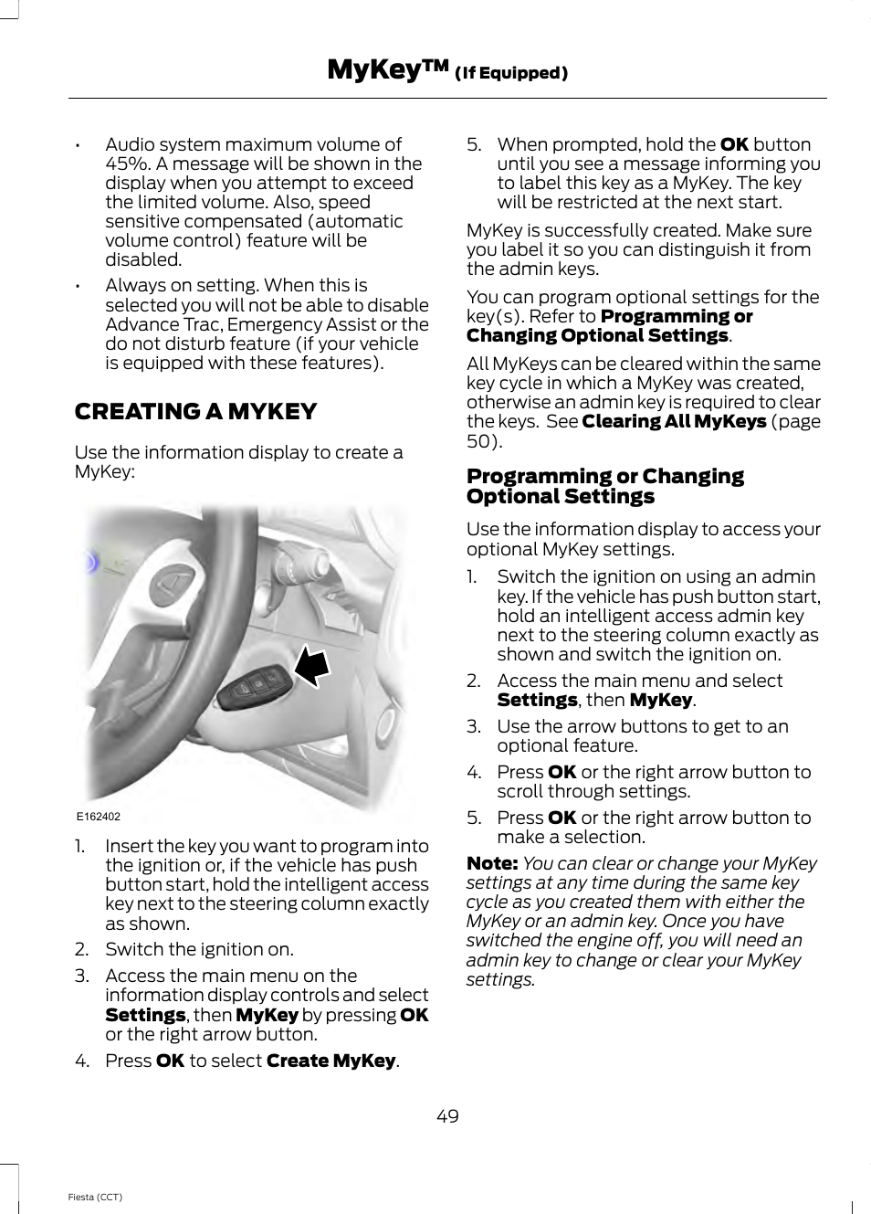 Creating a mykey, Mykey | FORD 2014 Fiesta v.1 User Manual | Page 52 / 396