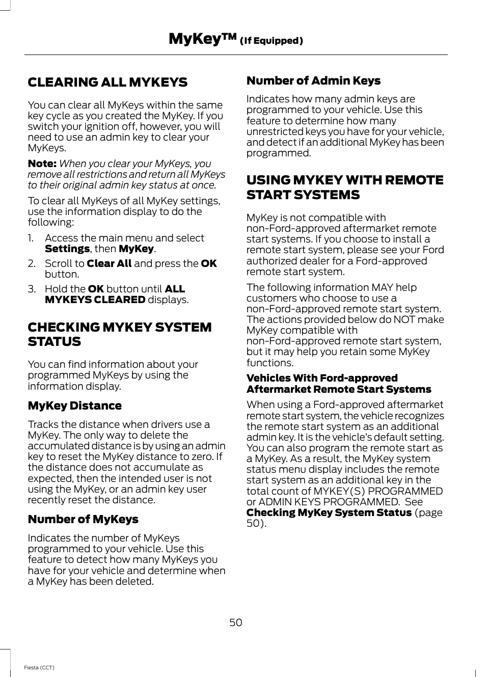 Clearing all mykeys, Checking mykey system status, Using mykey with remote start systems | Systems, Mykey | FORD 2014 Fiesta v.1 User Manual | Page 53 / 396