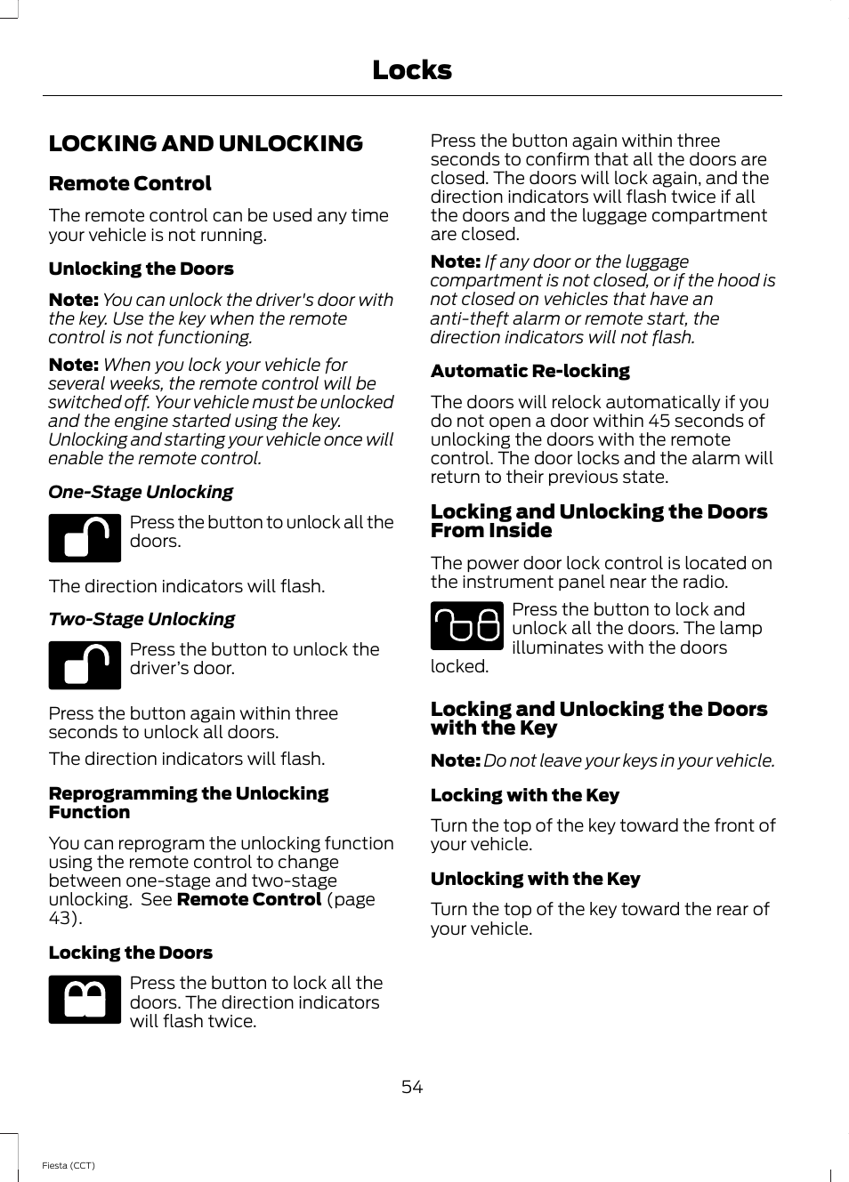 Locks, Locking and unlocking | FORD 2014 Fiesta v.1 User Manual | Page 57 / 396