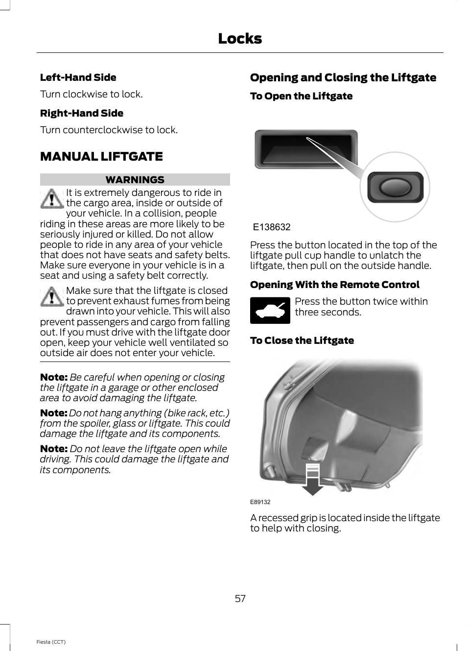 Manual liftgate, Locks | FORD 2014 Fiesta v.1 User Manual | Page 60 / 396