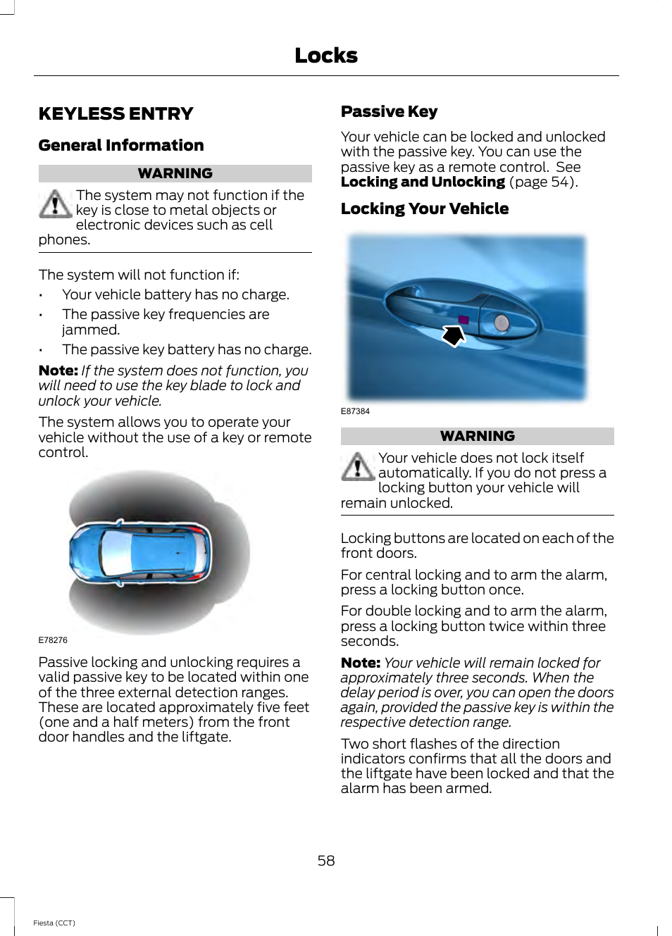 Keyless entry, Locks | FORD 2014 Fiesta v.1 User Manual | Page 61 / 396