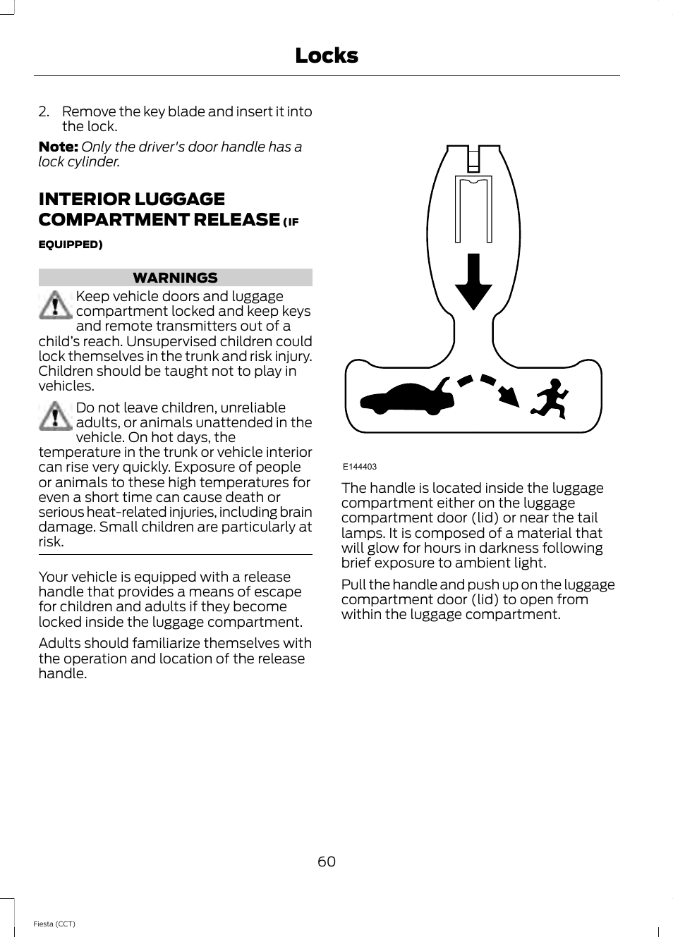 Interior luggage compartment release, Interior luggage compartment, Release | Locks | FORD 2014 Fiesta v.1 User Manual | Page 63 / 396