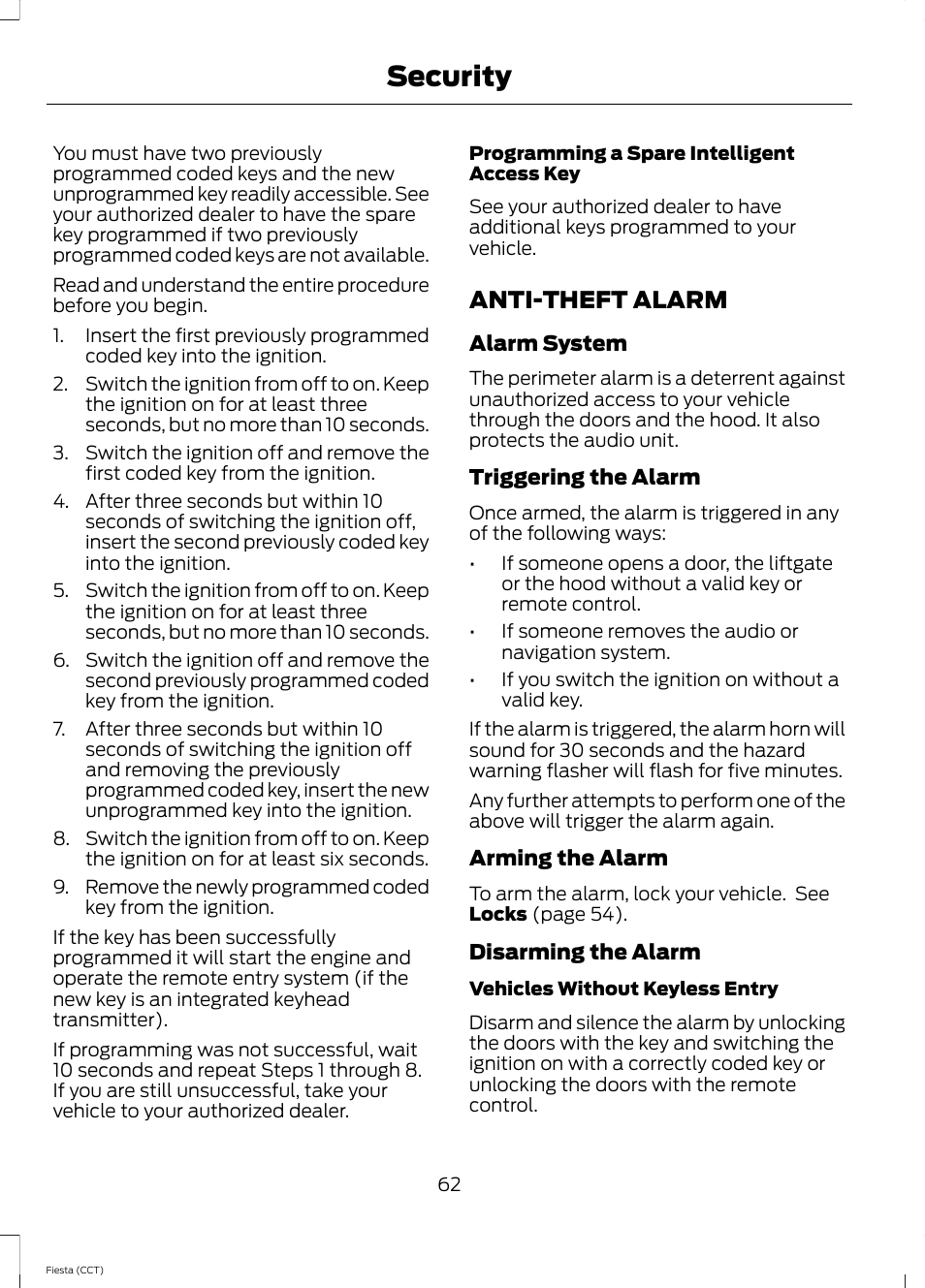 Anti-theft alarm, Security | FORD 2014 Fiesta v.1 User Manual | Page 65 / 396