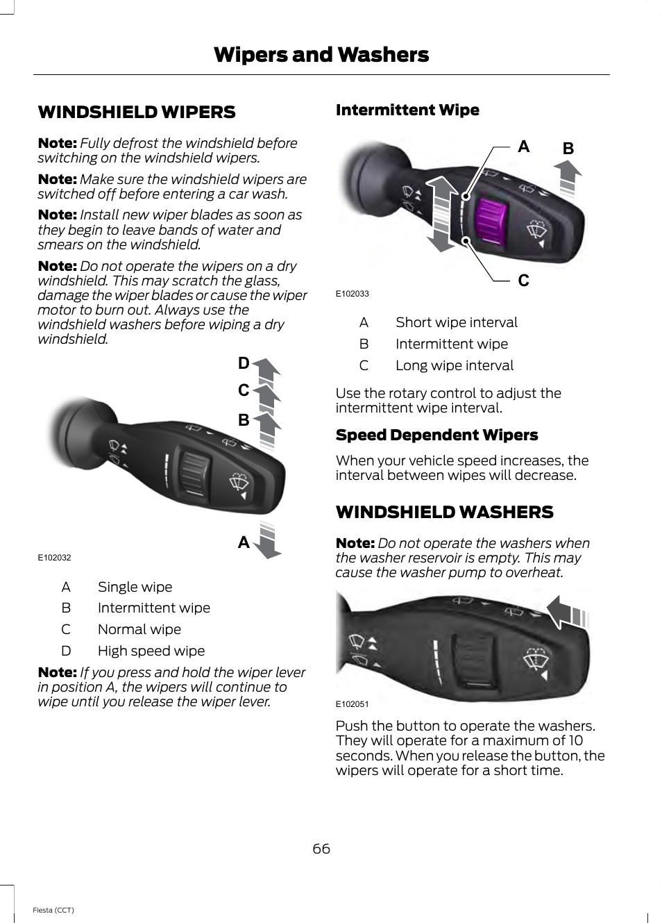Wipers and washers, Windshield wipers, Windshield washers | Ba c d, Ab c | FORD 2014 Fiesta v.1 User Manual | Page 69 / 396