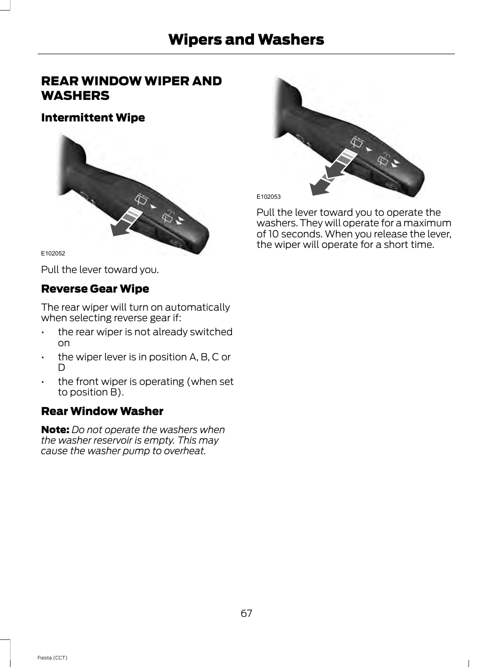 Rear window wiper and washers, Wipers and washers | FORD 2014 Fiesta v.1 User Manual | Page 70 / 396