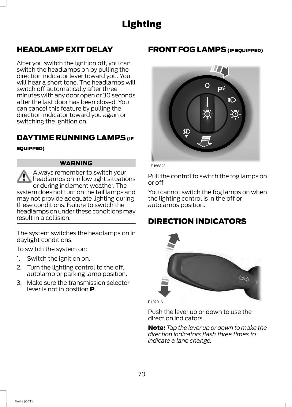Headlamp exit delay, Daytime running lamps, Front fog lamps | Direction indicators, Lighting | FORD 2014 Fiesta v.1 User Manual | Page 73 / 396