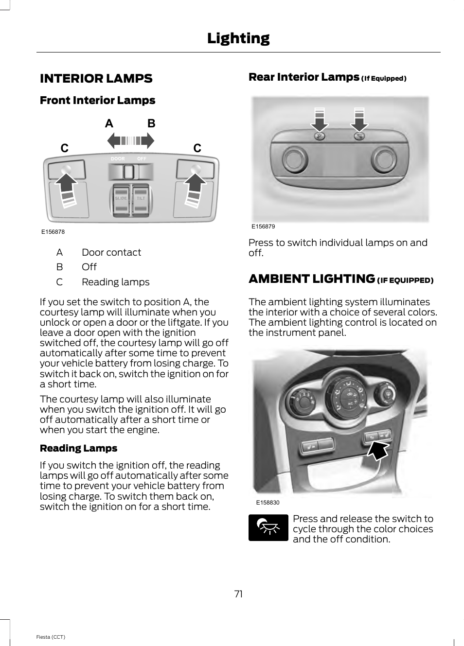 Interior lamps, Ambient lighting, Interior lamps ambient lighting | Lighting, Ab c c | FORD 2014 Fiesta v.1 User Manual | Page 74 / 396