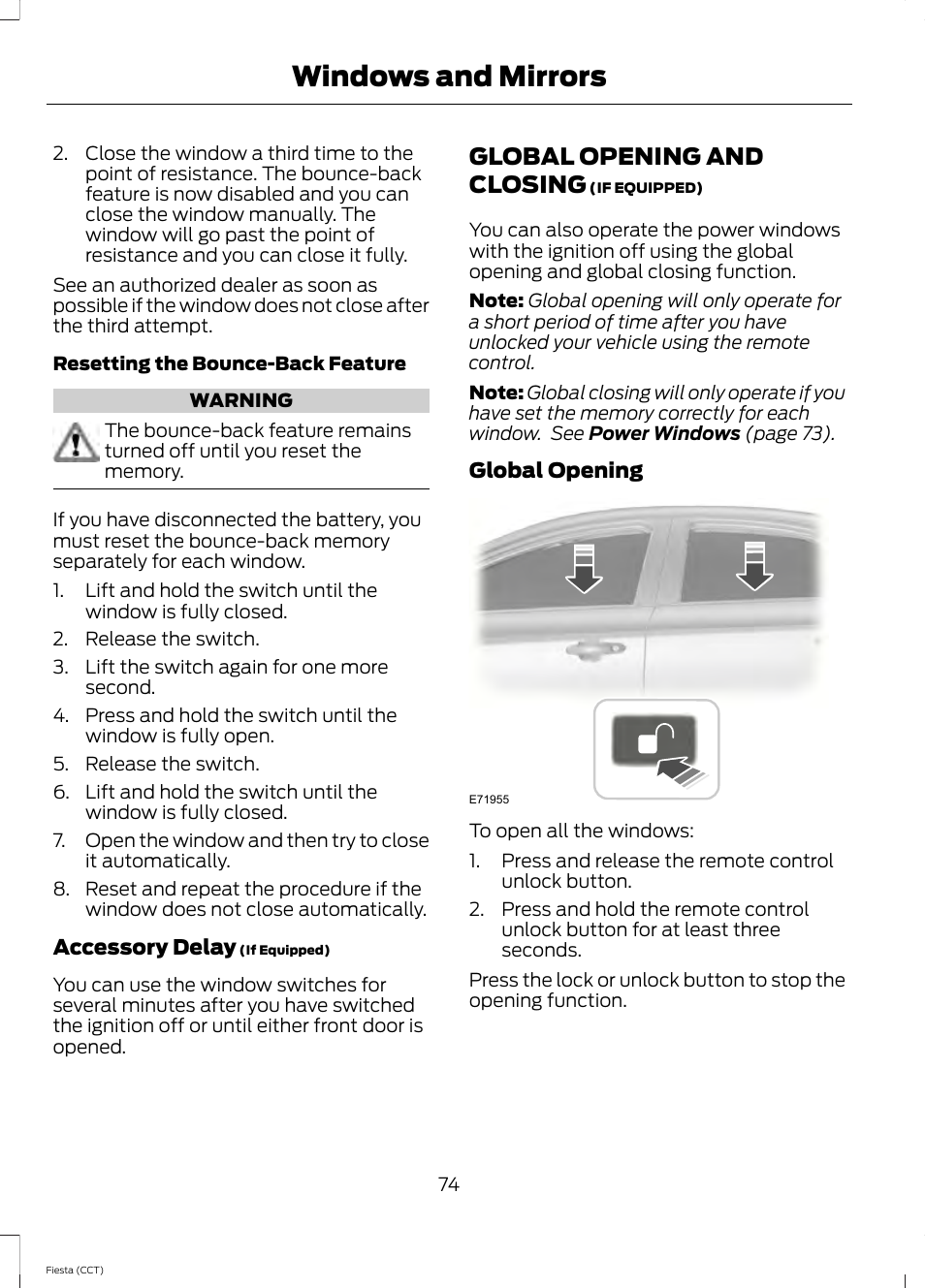 Global opening and closing, Windows and mirrors | FORD 2014 Fiesta v.1 User Manual | Page 77 / 396