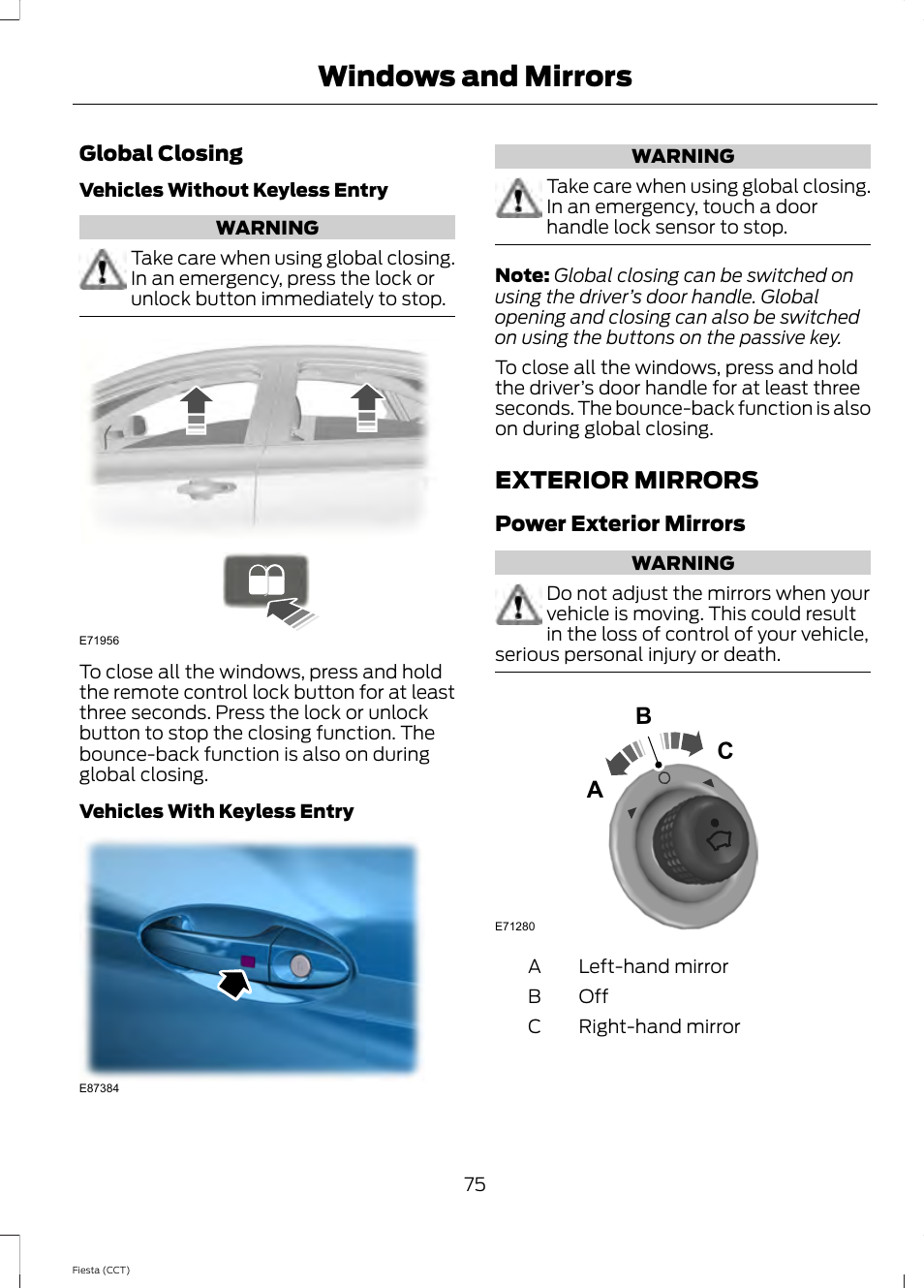 Exterior mirrors, Windows and mirrors, Bc a | FORD 2014 Fiesta v.1 User Manual | Page 78 / 396