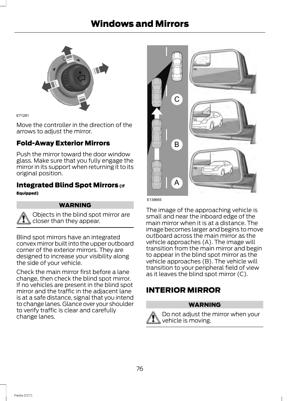 Interior mirror, Windows and mirrors, Ab c | FORD 2014 Fiesta v.1 User Manual | Page 79 / 396