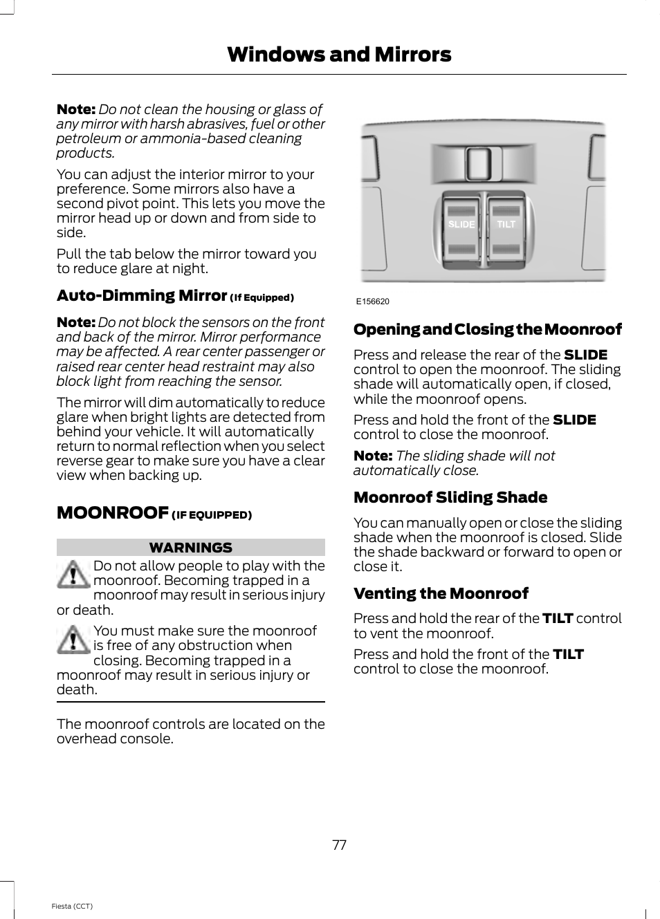 Moonroof, Windows and mirrors | FORD 2014 Fiesta v.1 User Manual | Page 80 / 396