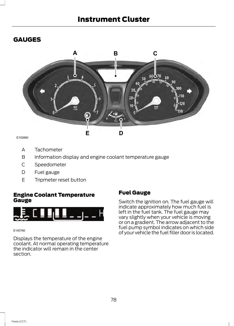 Instrument cluster, Gauges, Ca d e b | FORD 2014 Fiesta v.1 User Manual | Page 81 / 396