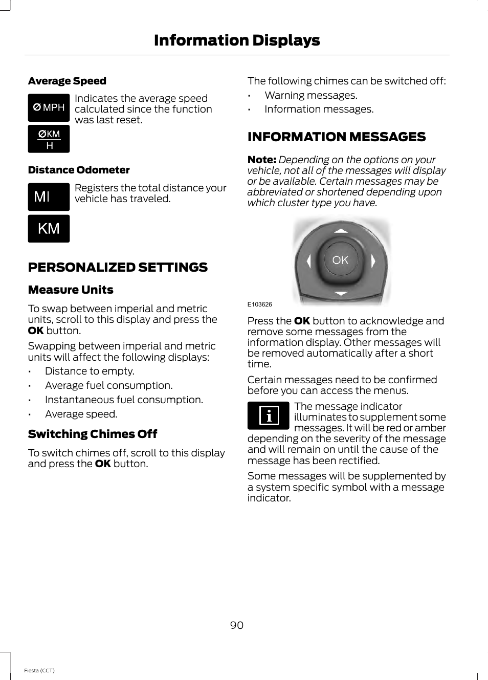 Personalized settings, Information messages, Personalized settings information messages | Information displays | FORD 2014 Fiesta v.1 User Manual | Page 93 / 396