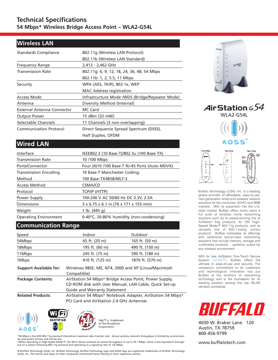 Wired lan, Technical specifications, Communication range | Wireless lan | Buffalo Technology Buffalo AirStation WLA2-G54L User Manual | Page 2 / 2