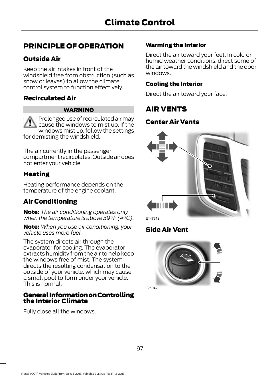 Climate control, Principle of operation, Air vents | Principle of operation air vents | FORD 2014 Fiesta v.2 User Manual | Page 100 / 398