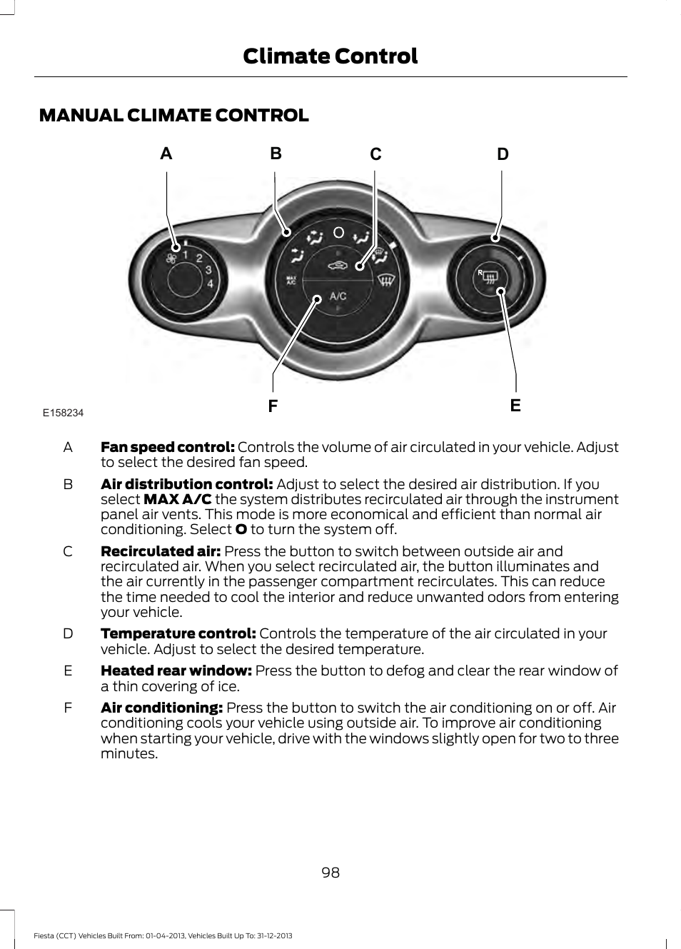 Manual climate control, Climate control | FORD 2014 Fiesta v.2 User Manual | Page 101 / 398