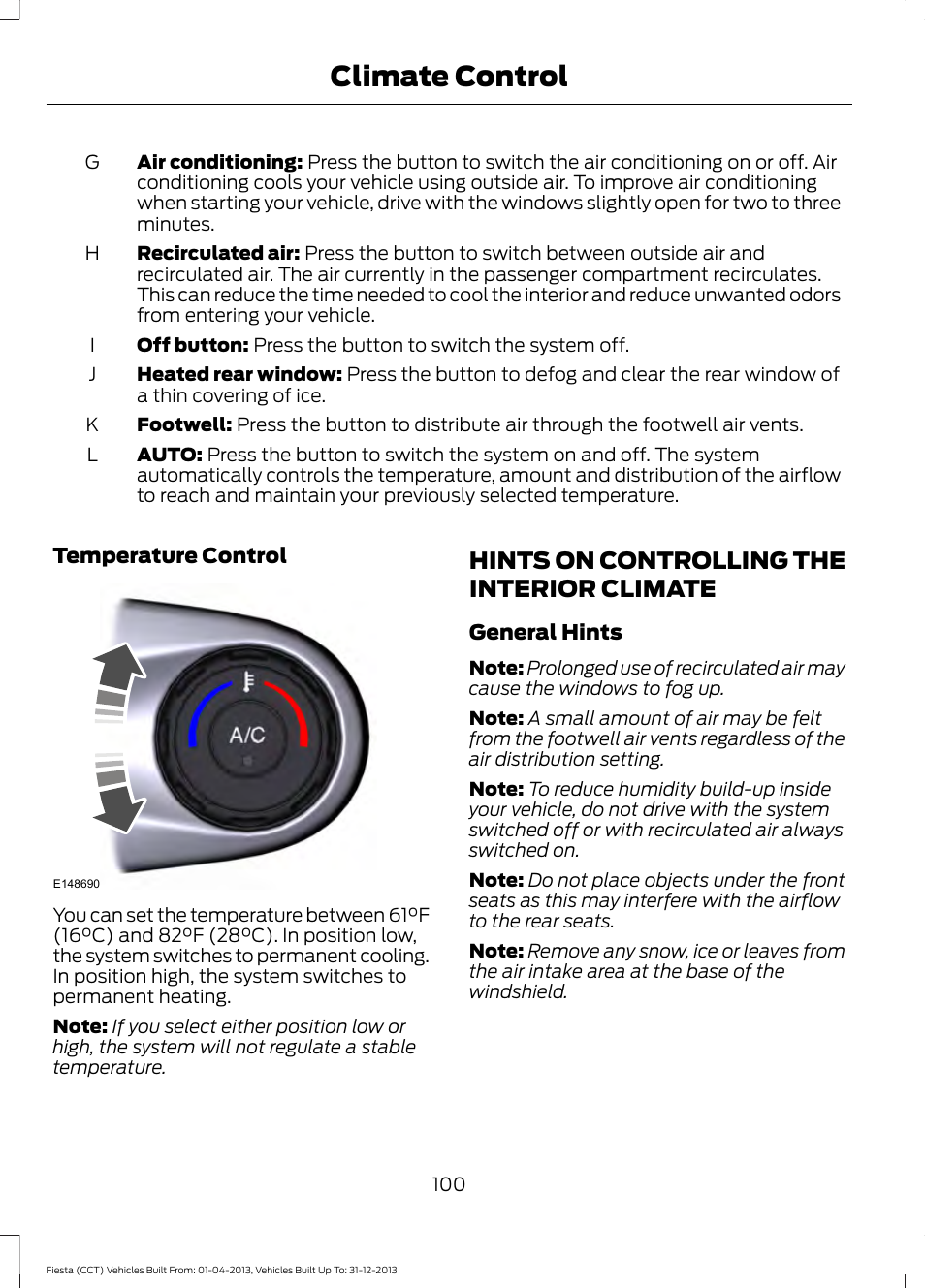 Hints on controlling the interior climate, Hints on controlling the interior, Climate | Climate control | FORD 2014 Fiesta v.2 User Manual | Page 103 / 398