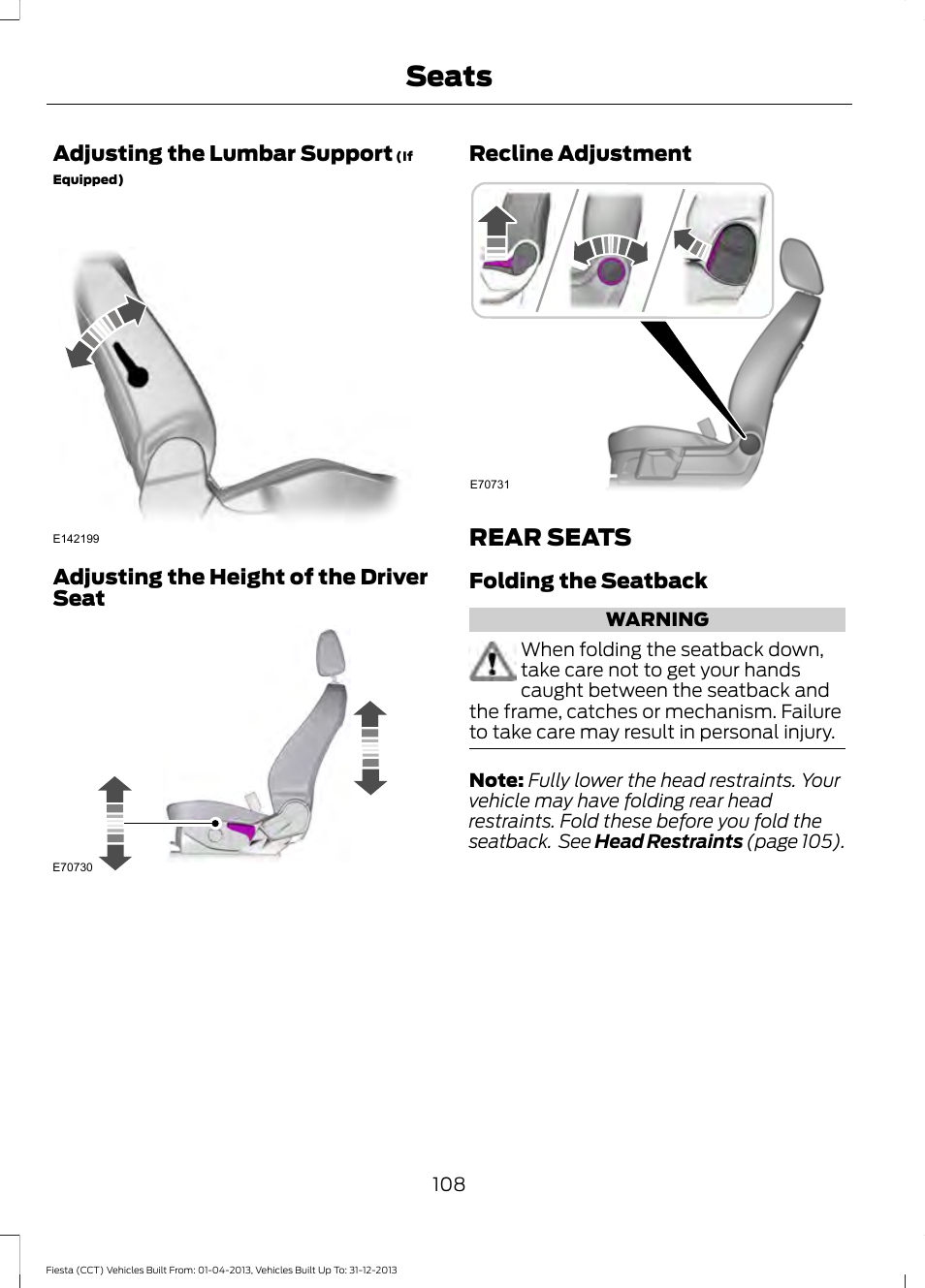 Rear seats, Seats | FORD 2014 Fiesta v.2 User Manual | Page 111 / 398