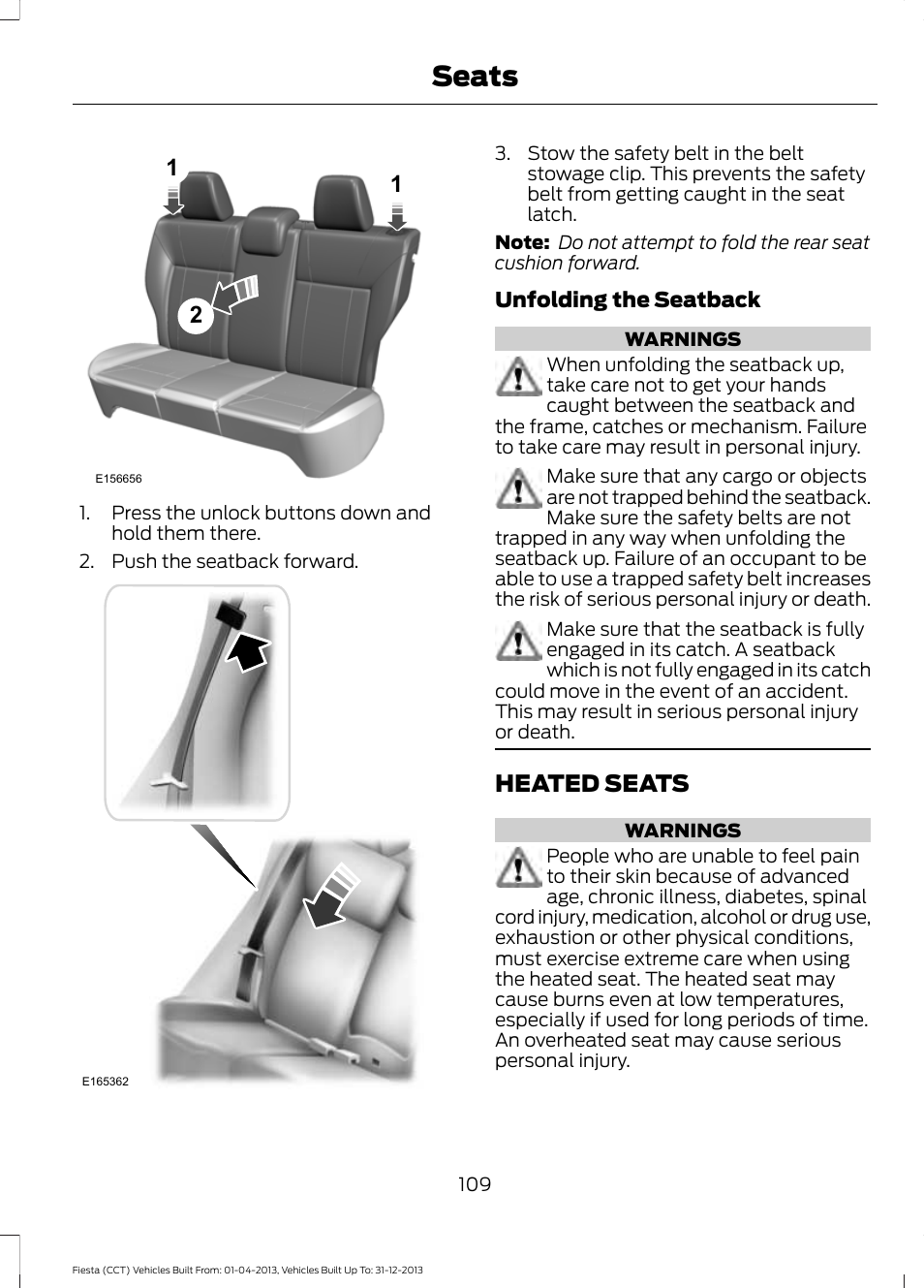 Heated seats, Seats | FORD 2014 Fiesta v.2 User Manual | Page 112 / 398