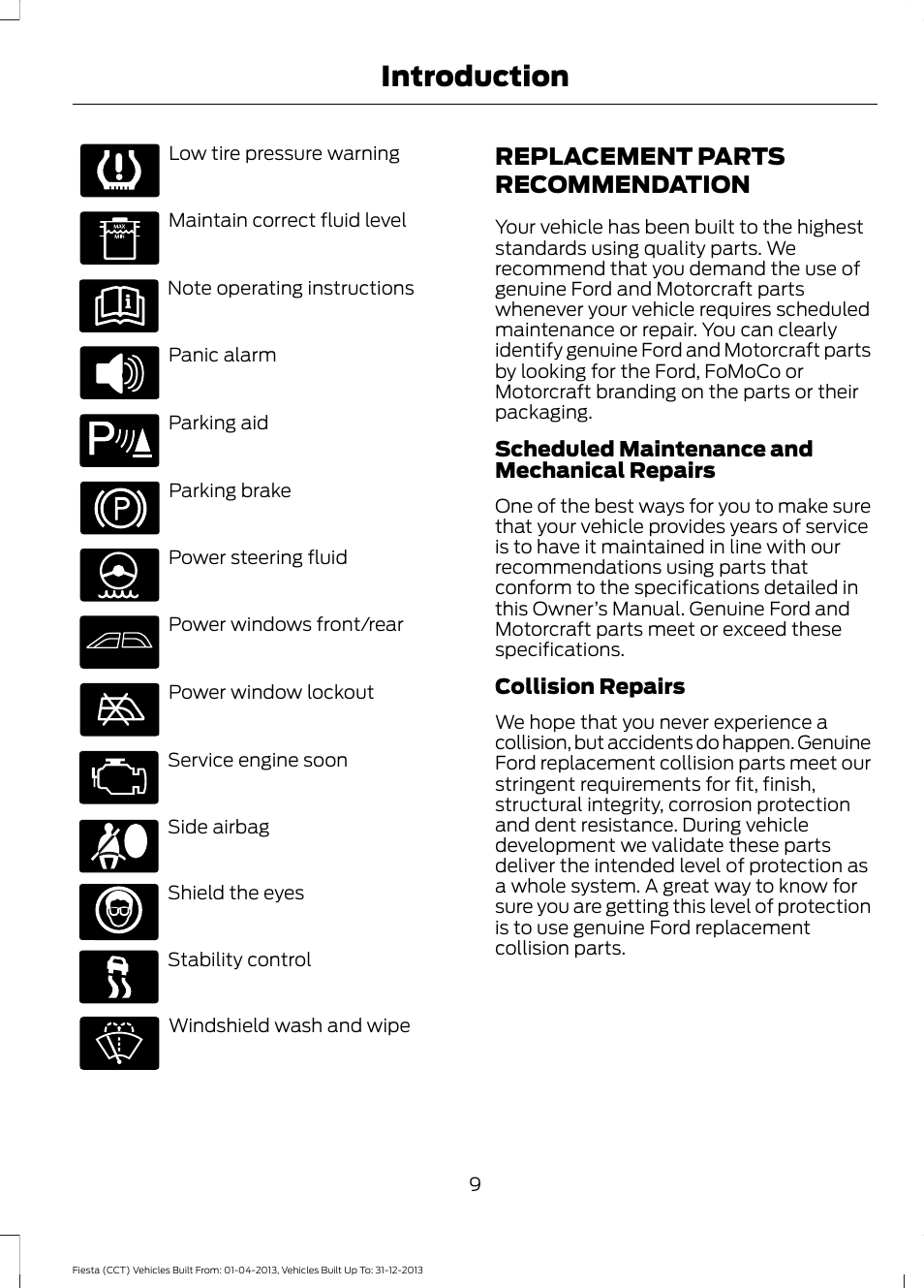 Replacement parts recommendation, Replacement parts, Recommendation | Introduction | FORD 2014 Fiesta v.2 User Manual | Page 12 / 398