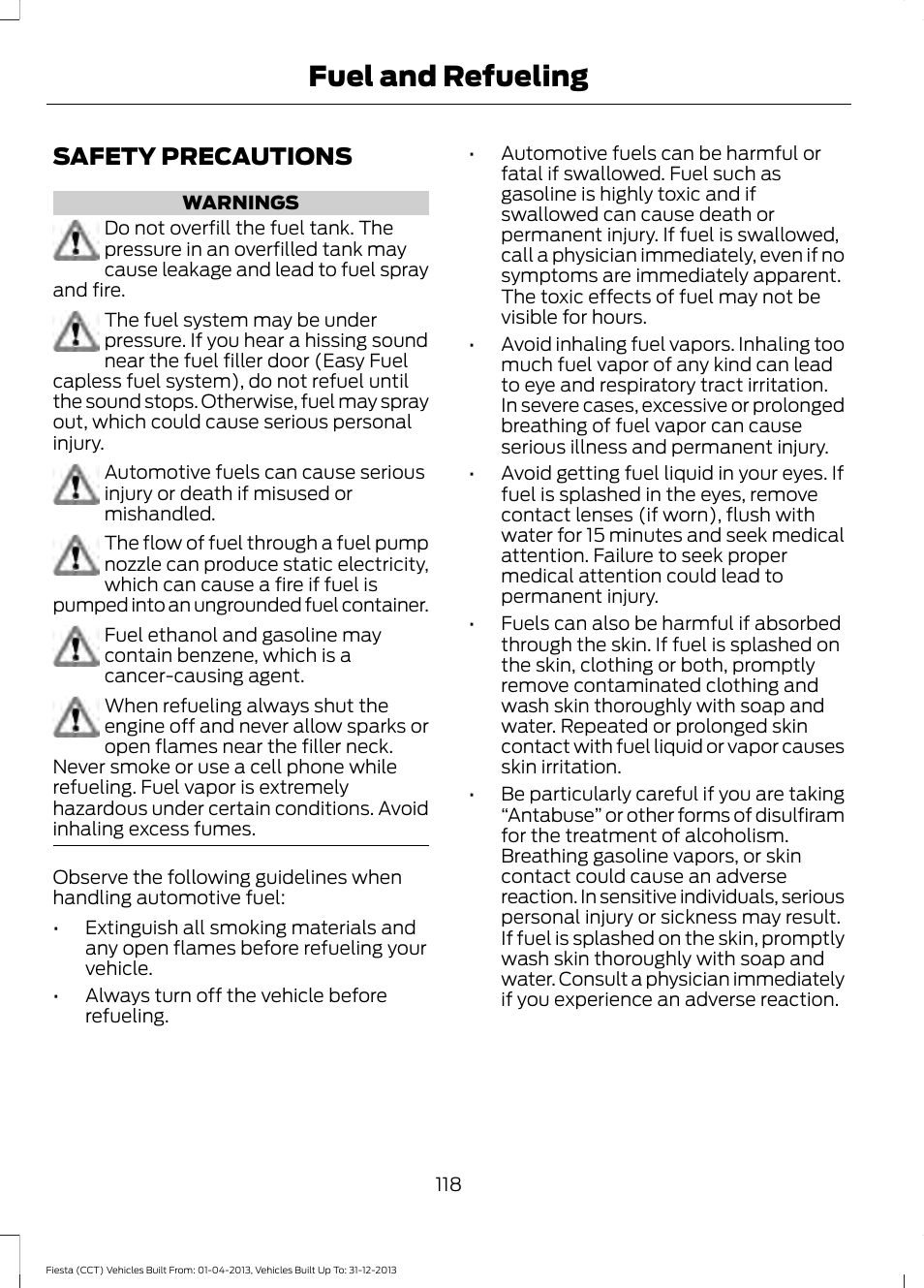 Fuel and refueling, Safety precautions | FORD 2014 Fiesta v.2 User Manual | Page 121 / 398