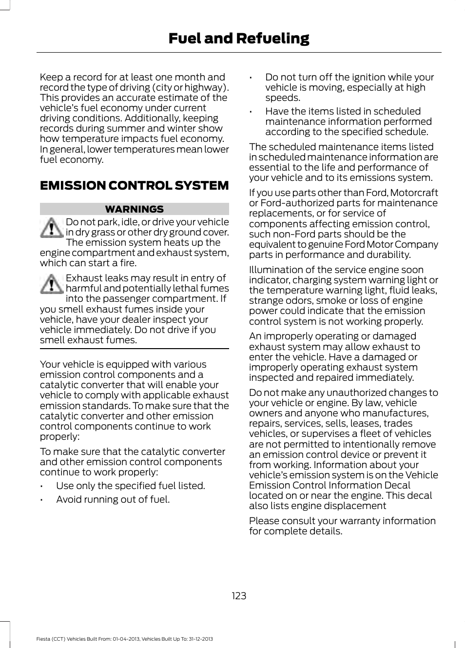 Emission control system, Fuel and refueling | FORD 2014 Fiesta v.2 User Manual | Page 126 / 398