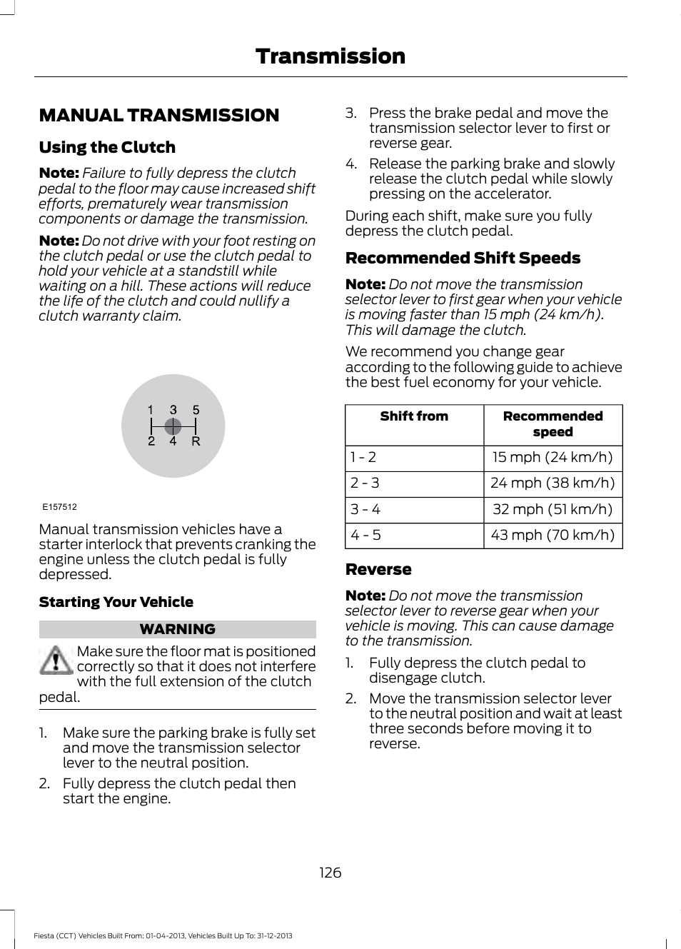 Transmission, Manual transmission | FORD 2014 Fiesta v.2 User Manual | Page 129 / 398