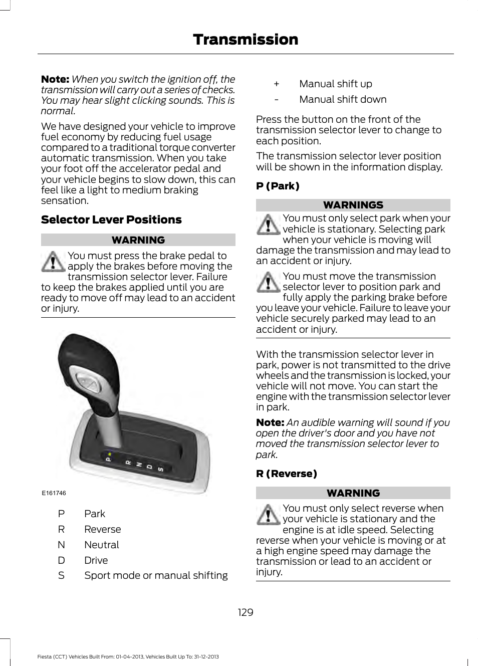 Transmission | FORD 2014 Fiesta v.2 User Manual | Page 132 / 398