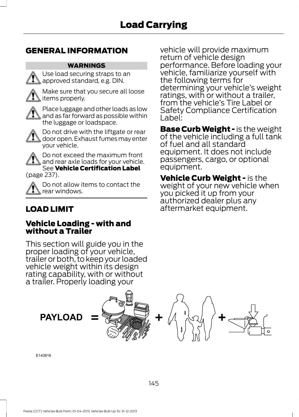 Load carrying, General information, Load limit | General information load limit, Payload | FORD 2014 Fiesta v.2 User Manual | Page 148 / 398