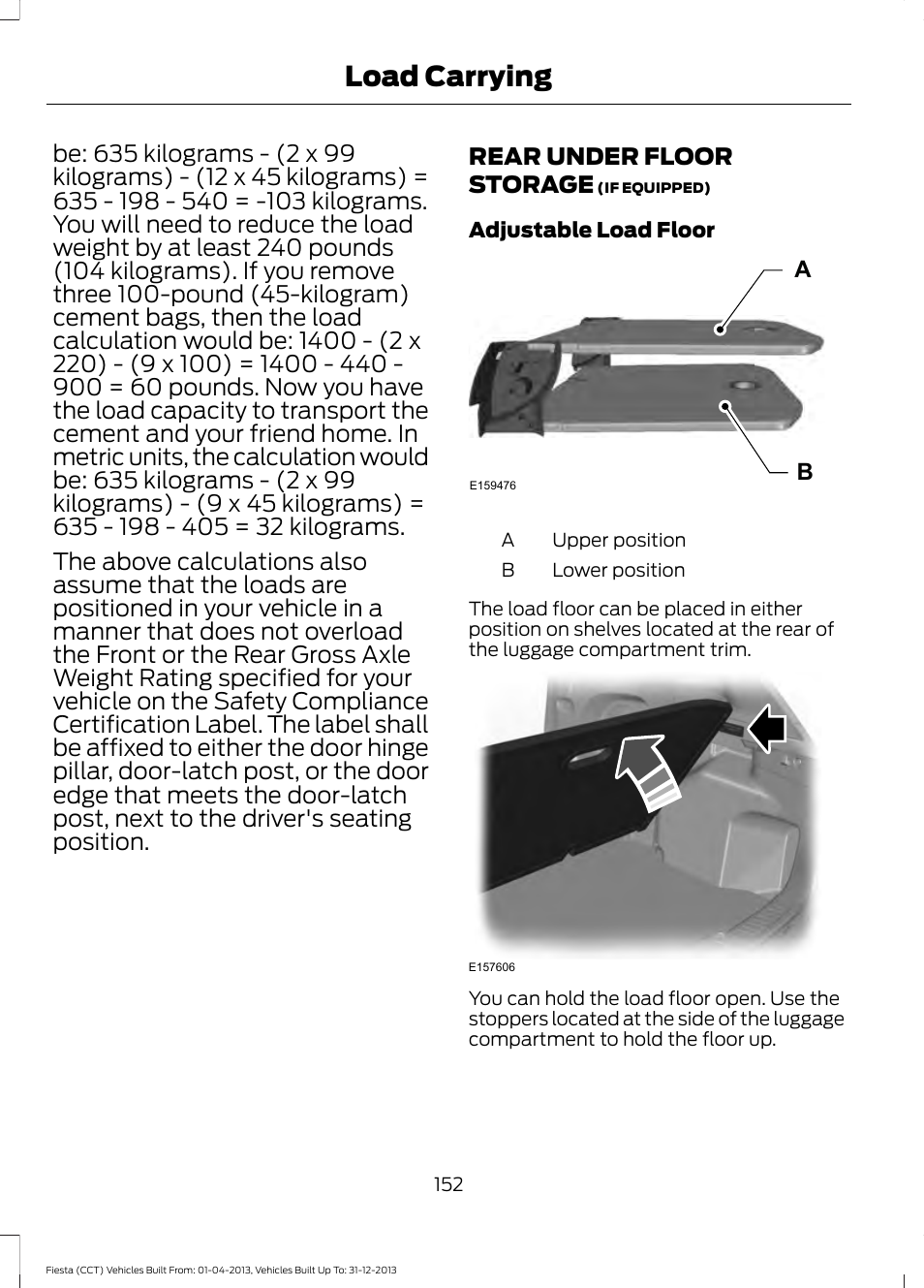 Rear under floor storage, Load carrying | FORD 2014 Fiesta v.2 User Manual | Page 155 / 398
