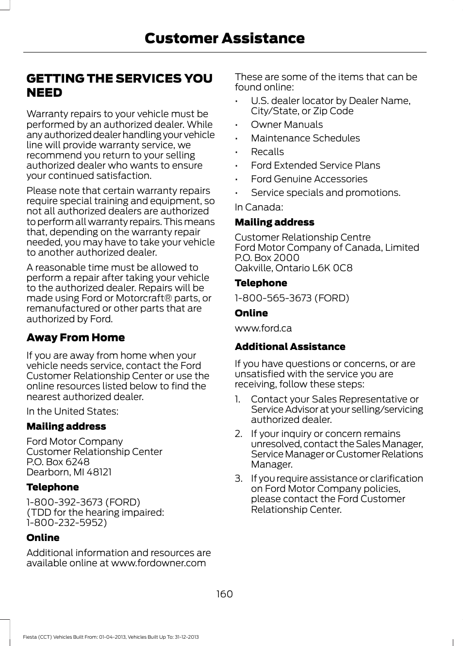 Customer assistance, Getting the services you need | FORD 2014 Fiesta v.2 User Manual | Page 163 / 398