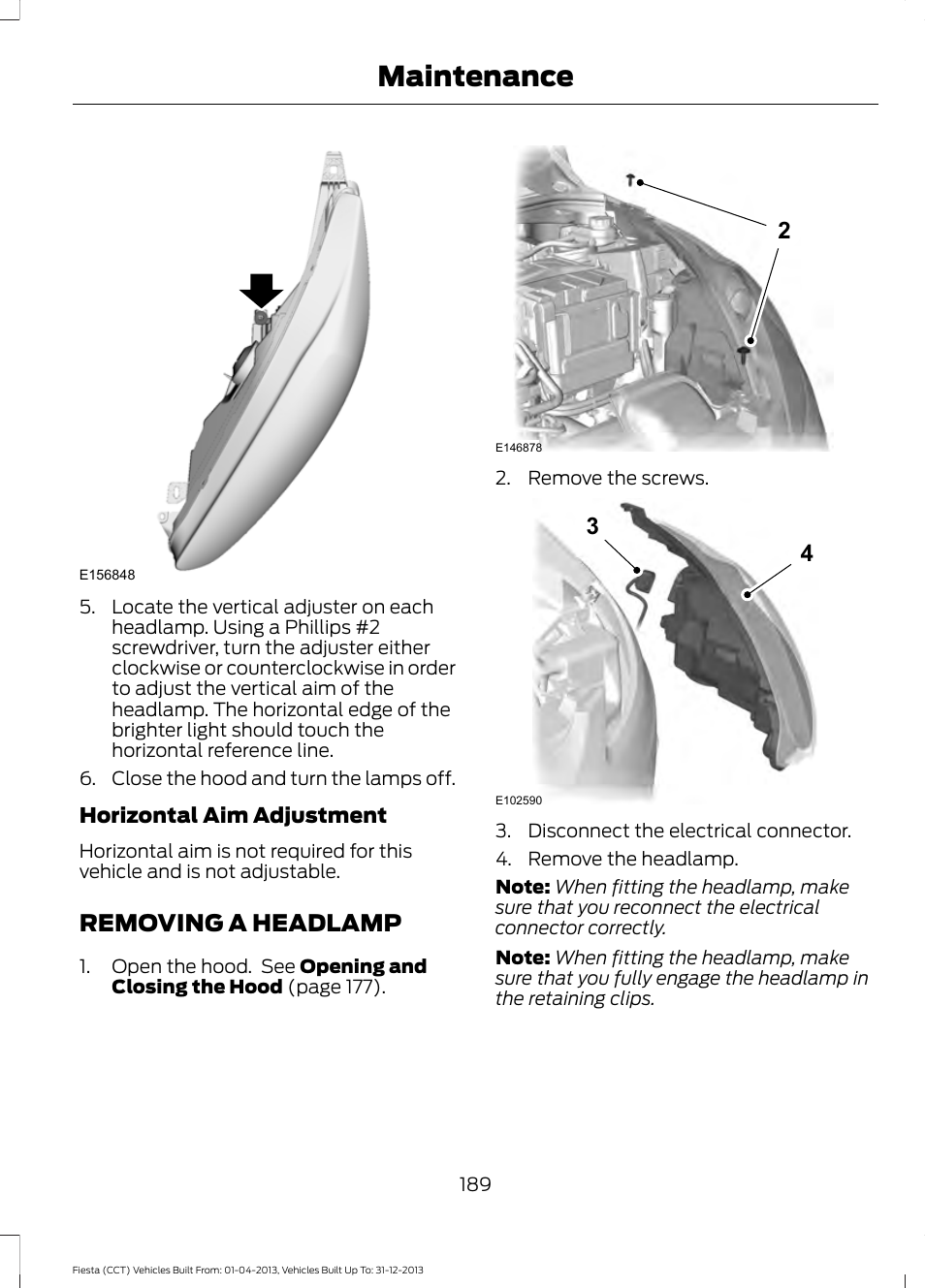 Removing a headlamp, Maintenance | FORD 2014 Fiesta v.2 User Manual | Page 192 / 398